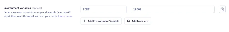 A screenshot of the Render deployment configuration view
highlighting the environment variables section where a user
will need to set the necessary variables for EdgeDB Cloud instance
connection.