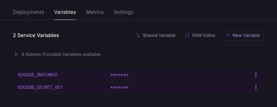 A screenshot of the Railway deployment configuration view
highlighting the environment variables section where a user will
need to set the necessary variables for EdgeDB Cloud instance
connection.