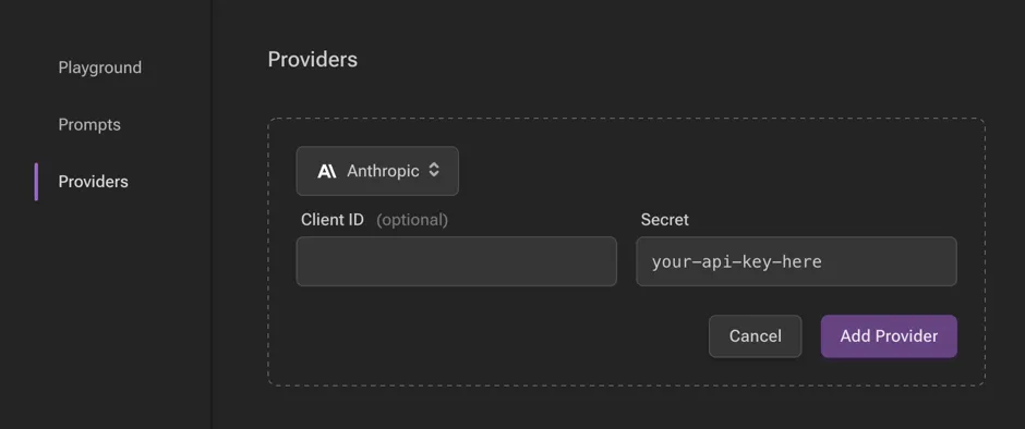 The "Add Provider" form of the EdgeDB local development server UI.
On the left, the sidebar navigation for the view showing Playground,
Prompts, and Providers options, with Provider selected (indicated
with a purple border on the left). The main content area shows a
heading Providers with a form under it. The form contains a dropdown
to select the API. (Anthropic is currently selected.) The form
contains two fields: an optional Client ID and a Secret. The Secret
field is filled with your-api-key-here. Under the fields to the
right, the form has a gray button to cancel and a purple Add Provider
button.