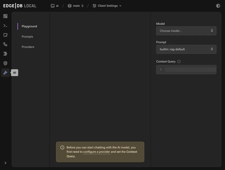 The EdgeDB local development server UI highlighting the AI admin
icon in the left-hand toolbar. The icon is two stars, one larger and
one smaller, the smaller being a light pink color and the larger
being a light blue when selected.