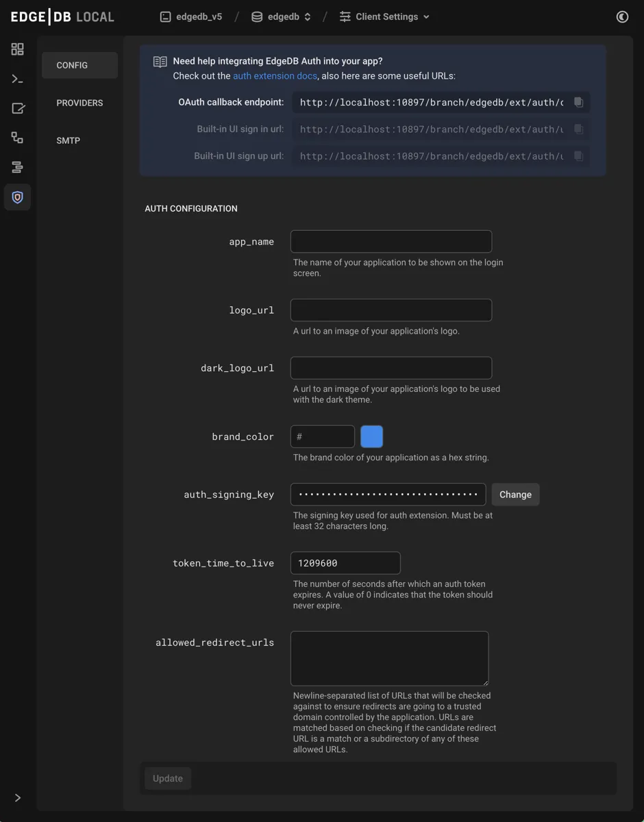 The EdgeDB local development server UI highlighting the auth admin
icon in the left-hand toolbar. The icon is two nested shield
outlines, the inner being a light pink color and the outer being
a light blue when selected.